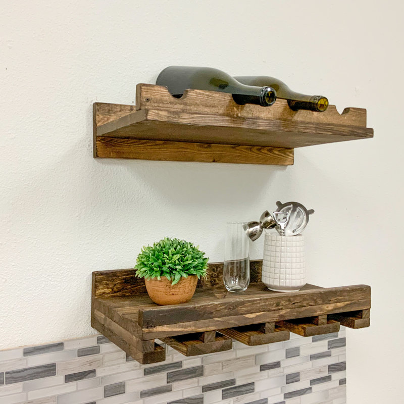 Support à vin à et à verres à fixation murale en bois massif Blende, Noyer foncé, H 6 po x l 19,5 po x P 10 po