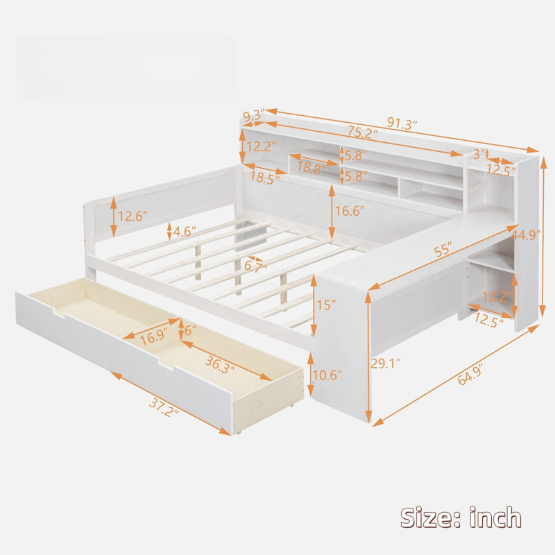 Rabito  Daybed With Storage Shelves, Two Drawers And Study Desk, Antique White