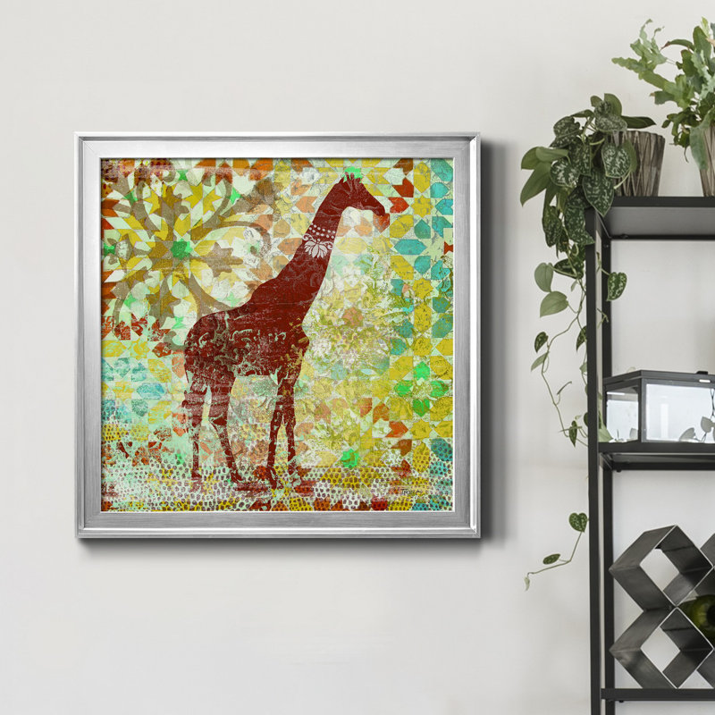 Bali girafe - peinture sur toile encadrée, Encadrement argenté, H 34,5 po x l 34,5 po x P 1,5 po