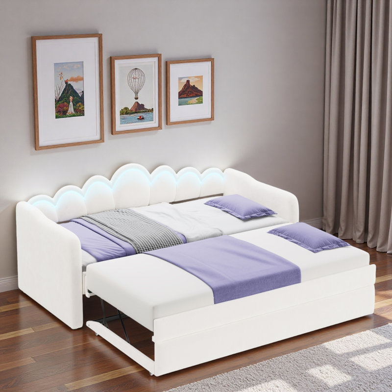 Upholstery Daybed With Led Light, Trundle And Cloud Backrest, White