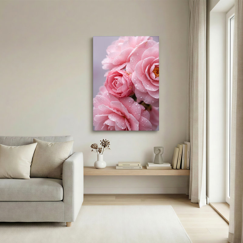 Art mural sur toile rose avec fleurs de camélia et gouttelettes d'eau sur pétales, 36"H x 24"W