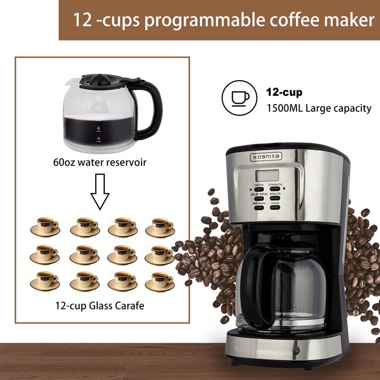 kognita 12 Cup Thermal Coffee Maker, Programmable Small Coffee Maker with  Glass Carafe and Filter, Dirp Coffee Maker Coffee Pot Machine, Keep Warm