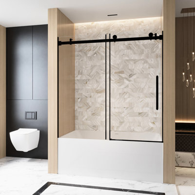 Matte Black Single Sliding Shower Door, 56 - 60 "W X 60" H, 6Mm Clear Tempered Glass, Proof Film, Stainless Steel Handle, Square Tube Track, American Bathroom Design, Large Wheels For Smooth And