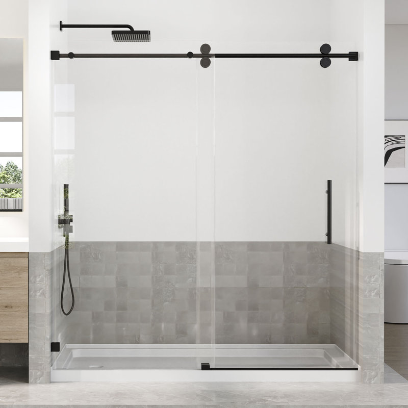 66-72 In. W X 76 In. H Single Sliding Frameless Shower Door With 3/8 In. (10mm) Tempered Glass, Matte Black
