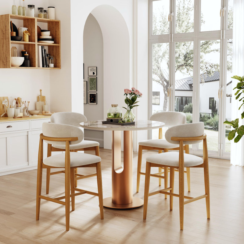 24'' Mid-Century Modern Wood Counter Height Bar Stools Set Of 2, Counter Stools With Backs, Beige Bar Stools, Assembled Bar Stools, Cotton Linen