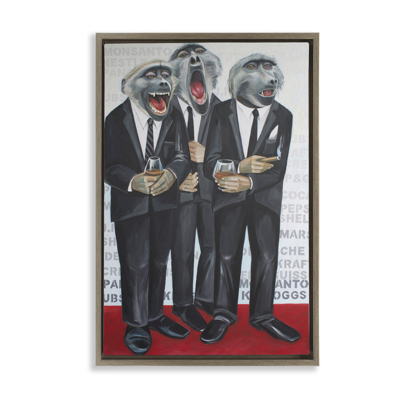 Formal Monkeys in Suits Floating Frame, design by Violeta Vollmer, 31" H x 21" W, Montalcino Elm Floater Frame