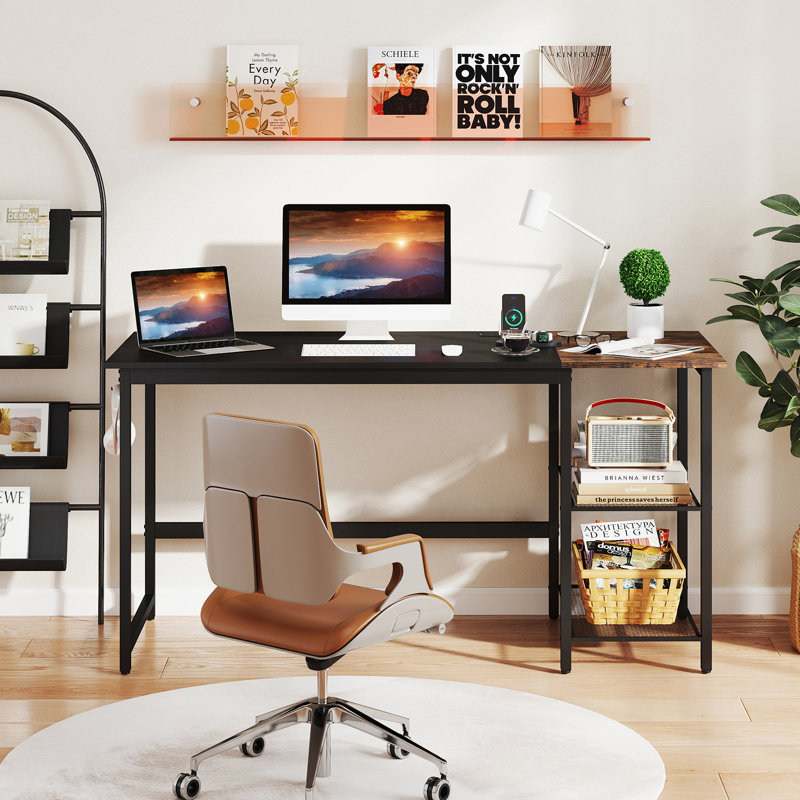 59" Metal Base Computer Desk with Power Outlet, Black/Rustic Brown
