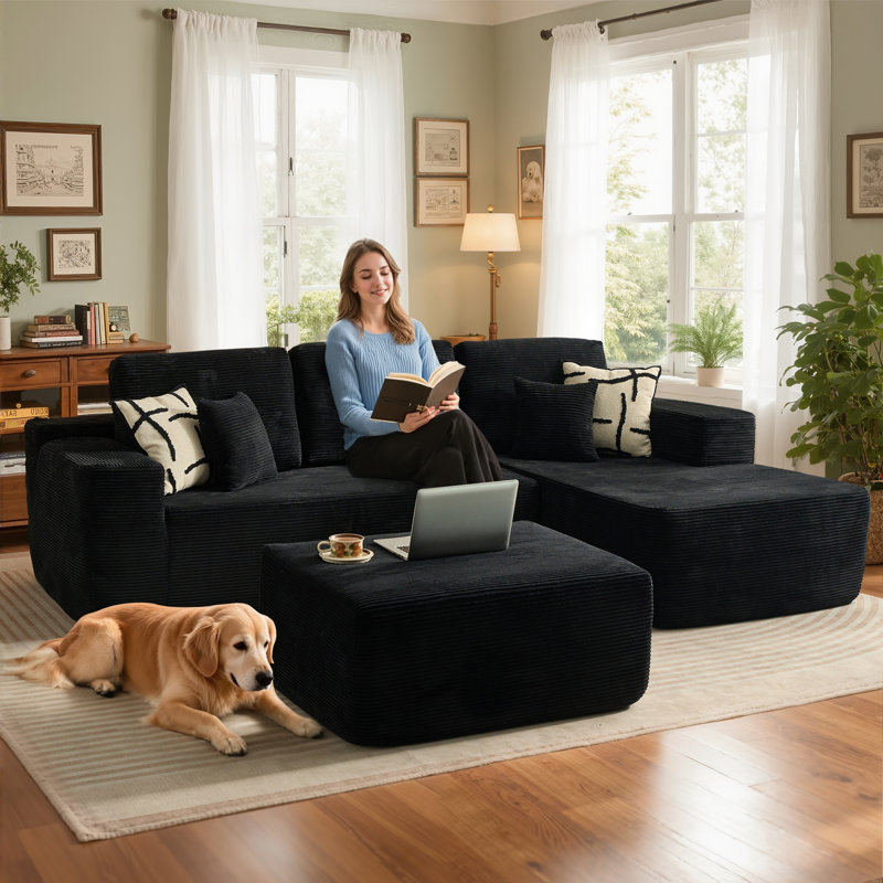 Ensemble de salon modulaire 3 pièces avec repose-pieds désossé sans siège Bonif, Velours côtelé noir, Oui