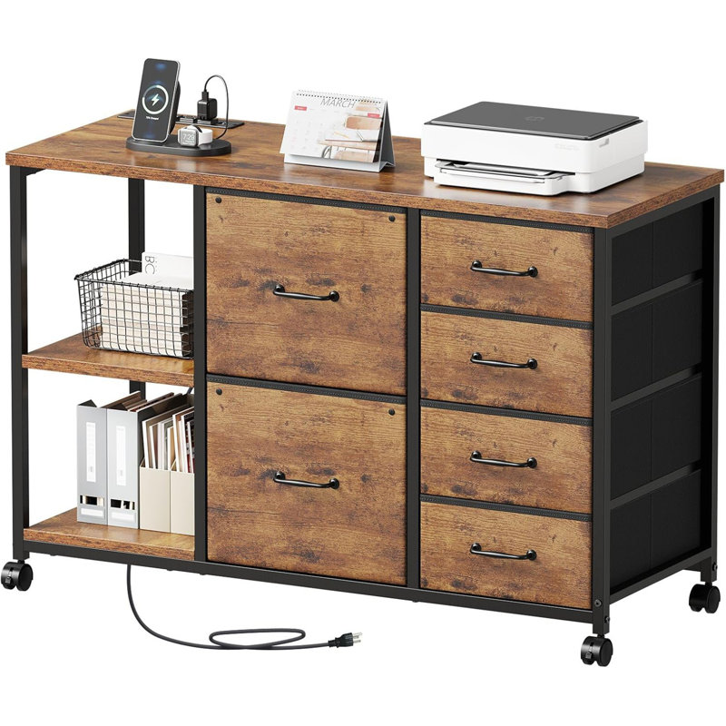 Rustic Brown 6-Drawer File Cabinet - Charging Station, Rolling Printer Stand With Open Storage Shelf (Fabric Lateral Filing Cabinet For Home Office)