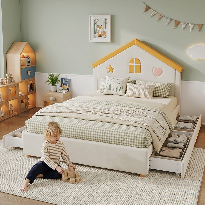 Drawers House Bed, 140x200 cm, Beige