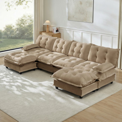 Modern, U Shaped, 4 - Seat, Ottomans, Chenille, Modular Sectional, Cloud Couch, Coffee, Easy To Change Seating Design, Deep Seat Relaxing Experience,