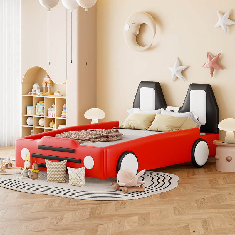 Lit voiture de course en cuir rouge avec structure et rails en bois massif, Rouge