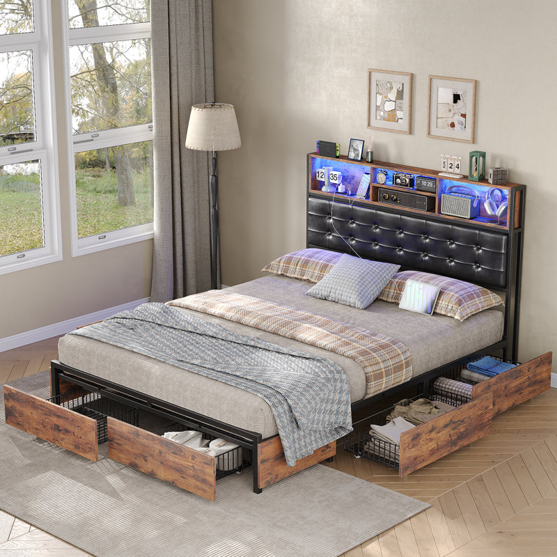 Bed Frame with RGB LED Headboard and Charging Station, Upholstered Backrest Bed with 6 Storage Drawers, Heavy Duty Metal Frame Support, No Box Spring Needed, No Noise