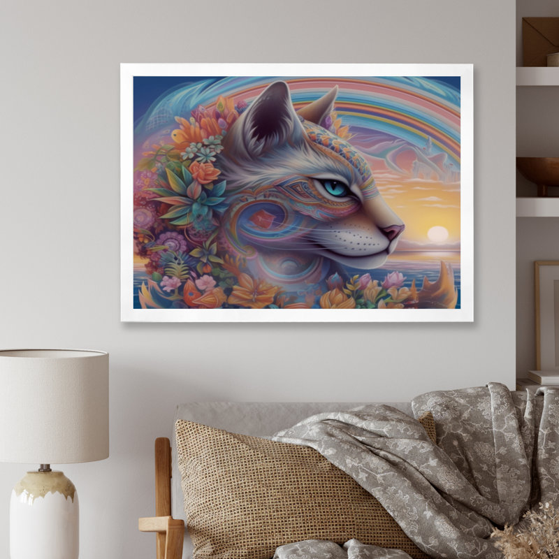 Chat arc-en-ciel magique avec fleurs sur toile, H 30 po x l 40 po x P 1,5 po, Cadre simple blanc
