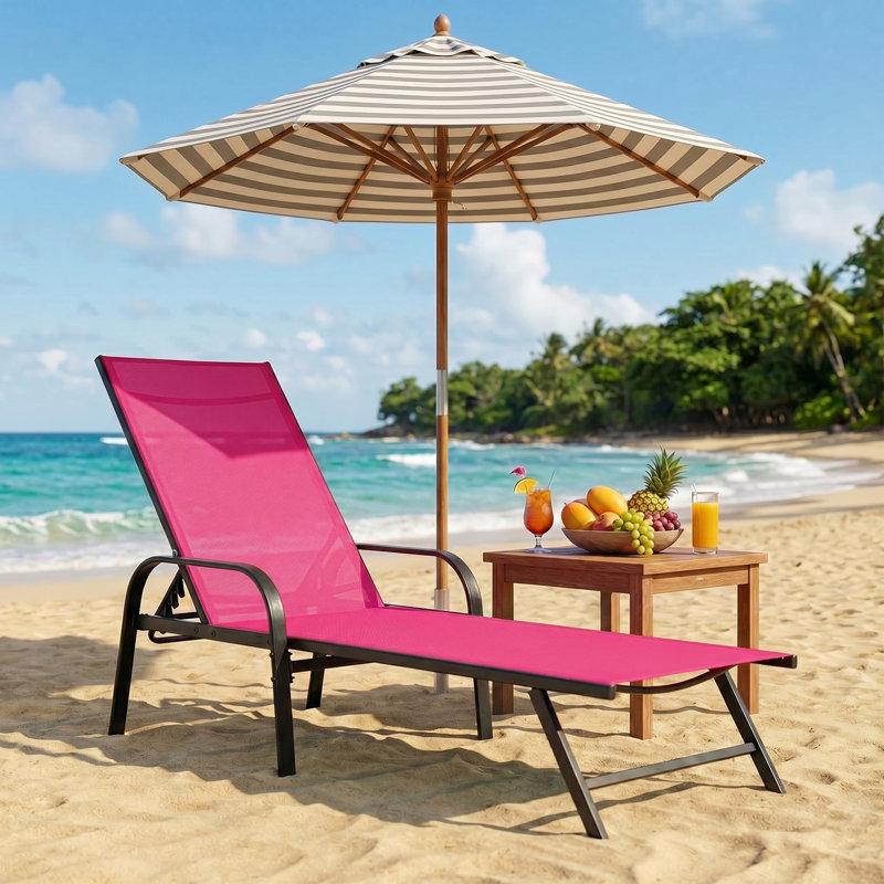 Outdoor Folding Chaise Lounge Chair Portable Recliner W/ 5 Positions & Pillow For Lawn, Beach, Pink