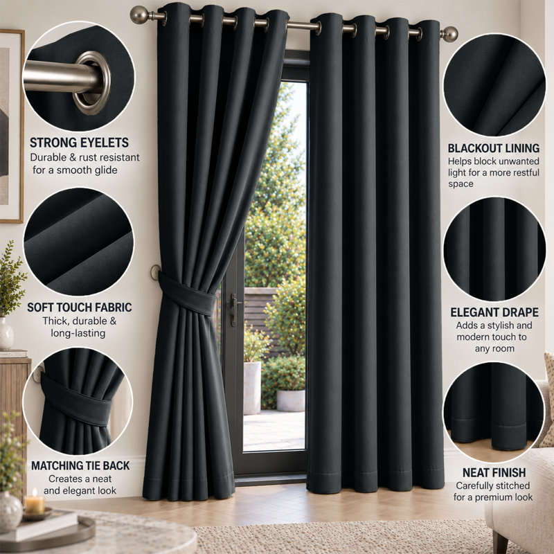 Imperial Homeware London Blackout Curtains, Black, 117 × 137 cm