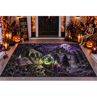 Tapis d'extérieur Halloween 152 x 213 cm, motif main squelettique et forêt lunaire, tapis bouclé en PVC imperméable et résistant, tapis intérieur/extérieur à séchage rapide pour porche, terrasse, balcon et entrée.