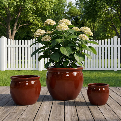 3 Pack Handcrafted Ceramic Planter Pots with Drainage Holes, 15/12/9 Inch Breathable Rust-Red Flower Pot Set for Indoor Outdoor Garden Use