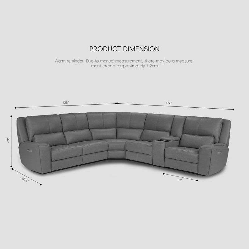 Canapé modulaire inclinable en cuir fleur avec chargeur sans fil, sans gravité, appui-tête réglable et soutien lombaire, Gris