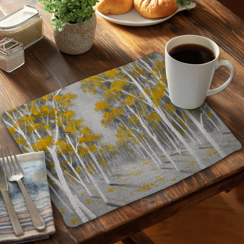 Napperons en polyester tressé jaune forêt de bouleau | Ensemble de 4