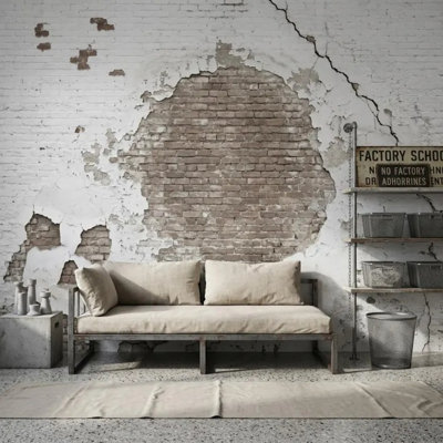 Distressed White Plaster and Exposed Brick Wall Mural