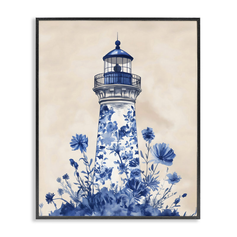 Giclée encadrée par un phare floral bleu, design par Arlington Prints, H 14 po x l 11 po, Giclée encadrée noir minuit