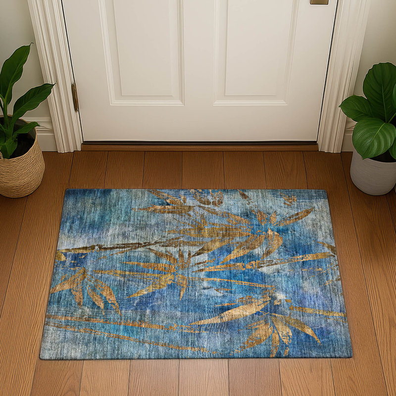Premium Machine Washable Mayfield AMF2222 Botanical Rug, 1'8" x 2'6", Blue