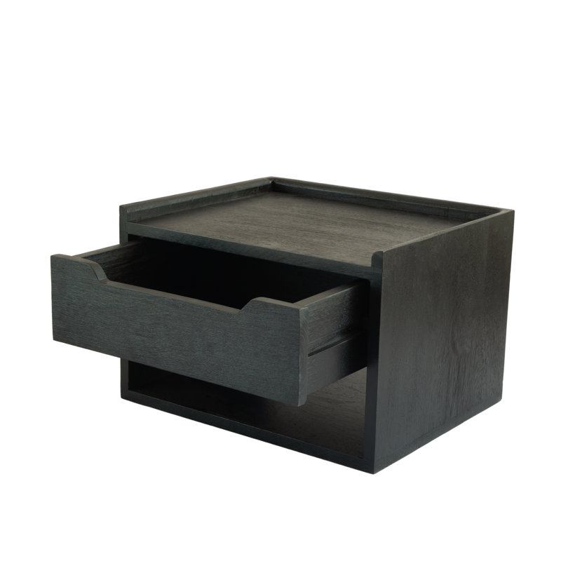 Alina Solid Wood Nightstand Tray-Top with Drawer and Open Storage, Black