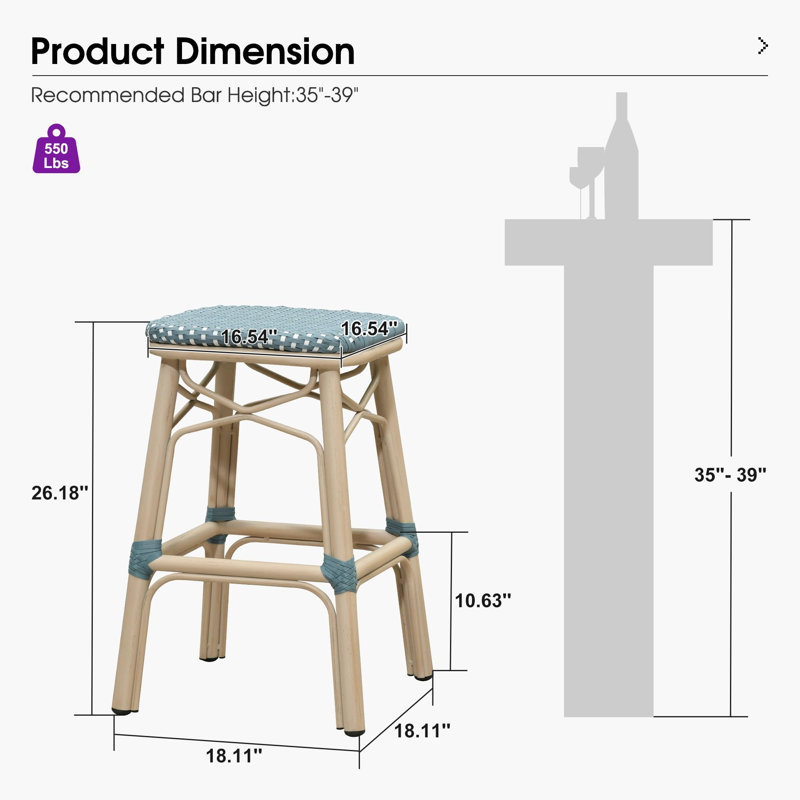 Tabouret de bar et de comptoir d'extérieur en rotin PE de style campagne française PURPLE LEAF (1 chaise), Bleu foncé
