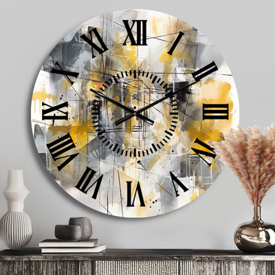 Yellow And Grey Beyond The Canvas I - Abstract Black Face Wall Clock