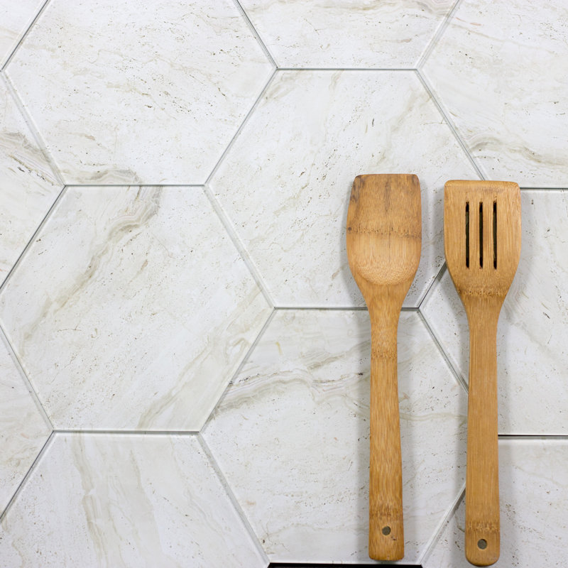Nature 8 in. x 8 in. Marble Look Glass Straight Edge Large Format Hexagon Decorative Kitchen & Bathroom Wall Tile