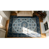 Hand Knotted Pile Antique Blue 1890s Wool Rectangle Rug