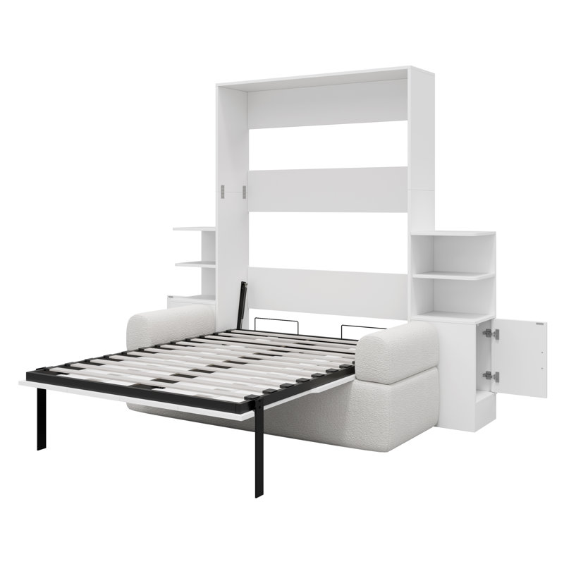Grand lit escamotable mural avec canapé et armoires de rangement, lit mural peu encombrant pour bureau à domicile et chambre d'amis, blanc