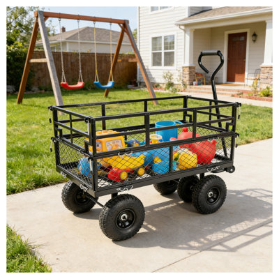 Chariot utilitaire de jardin en acier robuste avec double clôture et pneus gonflables - Chariot de jardin d'une capacité de 600 lb pour le bois de chauffage, les outils et les enfants