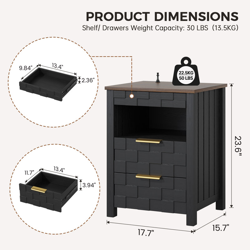 17.7"W 2-Drawer Nightstand With Light, Black/Brown