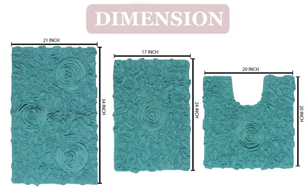 Home Weavers Inc Bell Flower Bathroom Rug, Cotton Soft, Water Absorbent Bath Rug, Non Slip Shower Rug Machine Washable 3 Piece Set with Runner - Turquoise