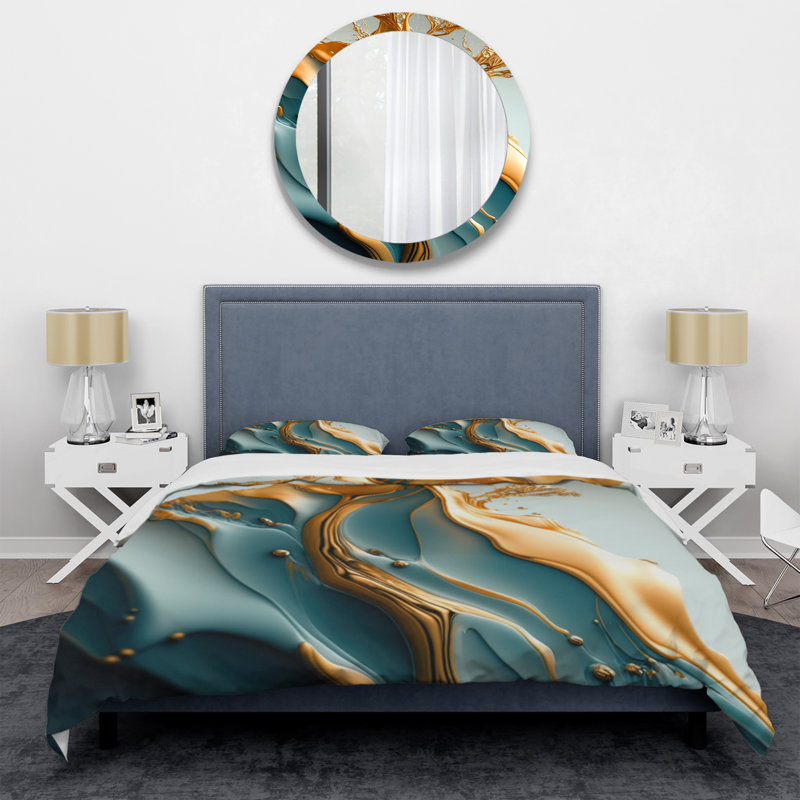 Ensemble de housse de couette en microfibre / polyester à motif abstrait feuilles bleues et dorées III