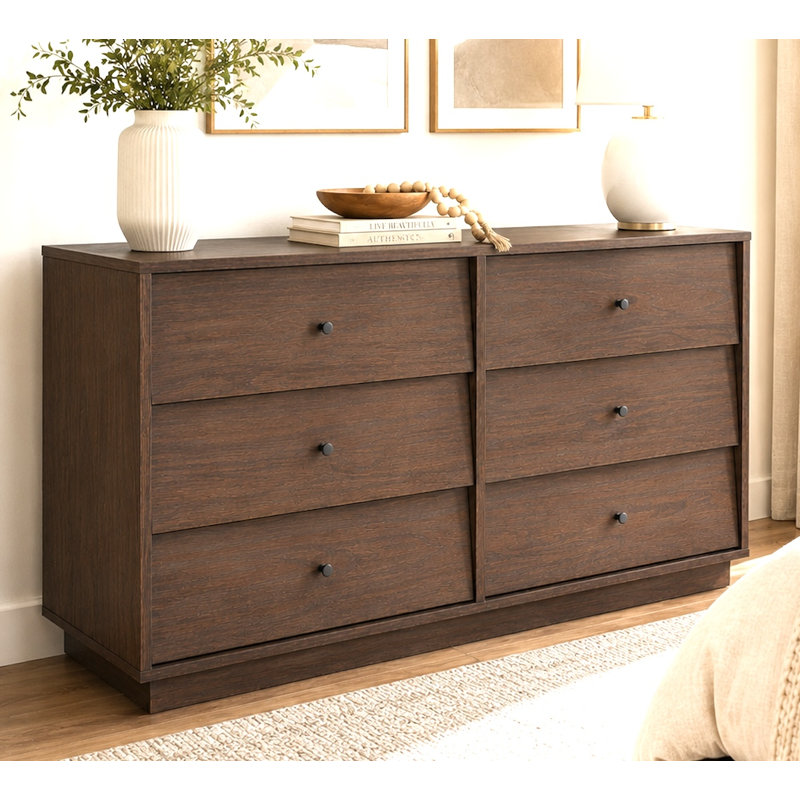 Commode 6 tiroirs 46,9 "de long en noyer foncé 6 tiroirs - panneau arrière uni, Brun