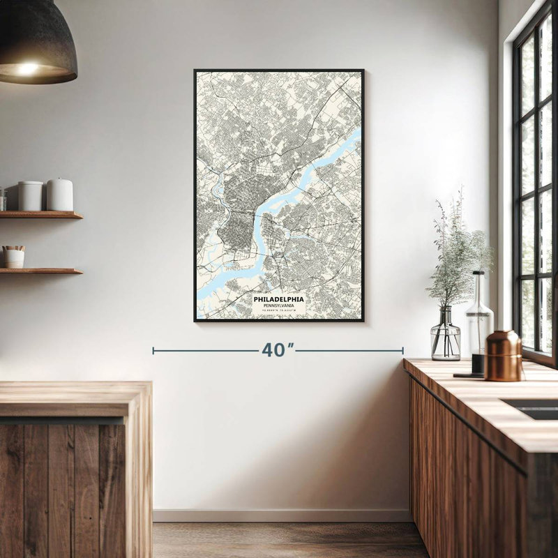 Carte de la ville de Philadelphie, Cadre flottant noir, 27 po x 40 po