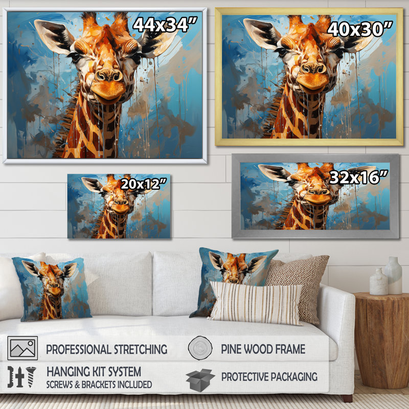 Collage animal girafe cobalt - imprimé, Cadre flottant noir, H 34 po x l 44 po x P 1,5 po