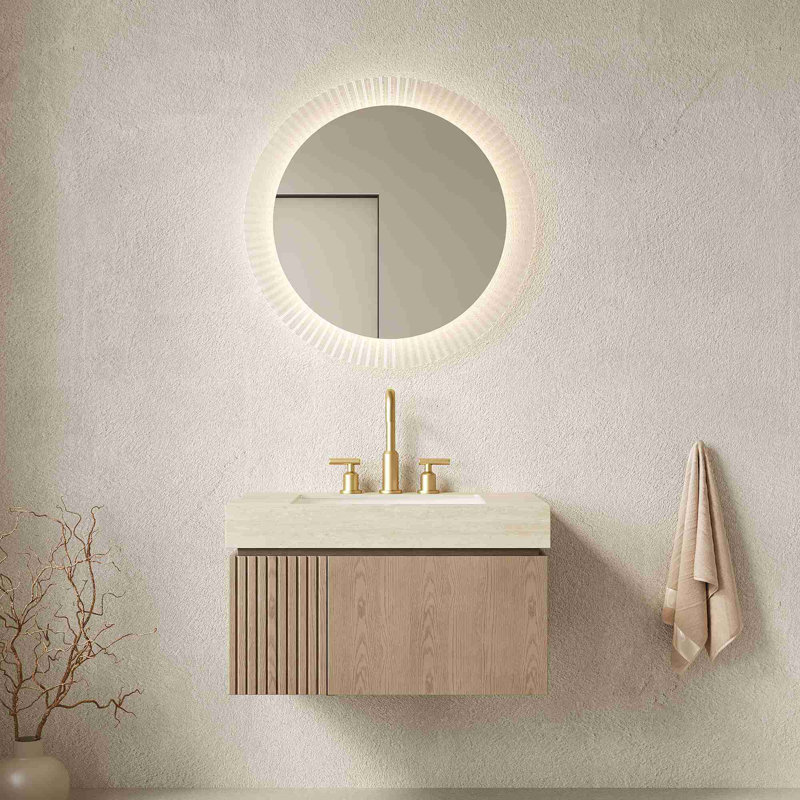 Meuble-lavabo flottant moderne avec plateau en pierre frittée, Marron clair, 30", Beige