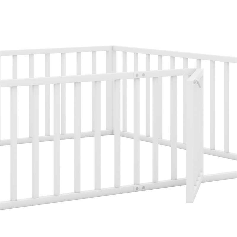 Structure de lit en métal avec clôture et porte, Blanc, Queen
