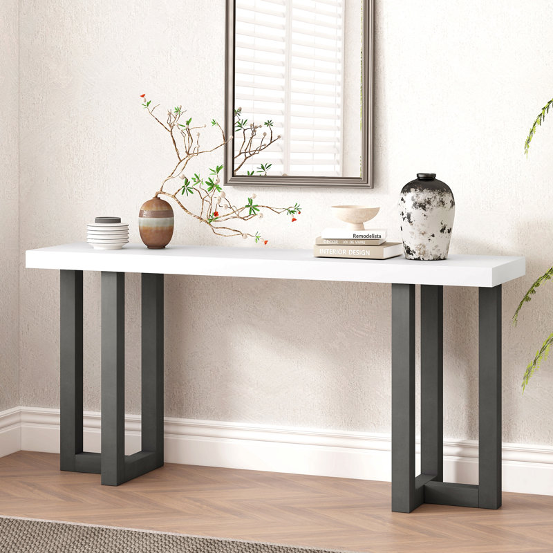 Geometric Design Console Table With Solid Pine Legs,Suitable For Entryway, Hallway, Living Room, Bedroom, White