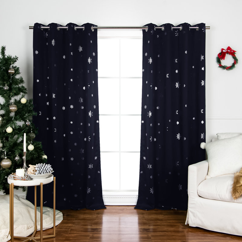 Corderius Polyester Snowflake Silver Foil Print Blackout/Room Darkening Thermal Grommet Curtains, Navy, 52" W x 96" L