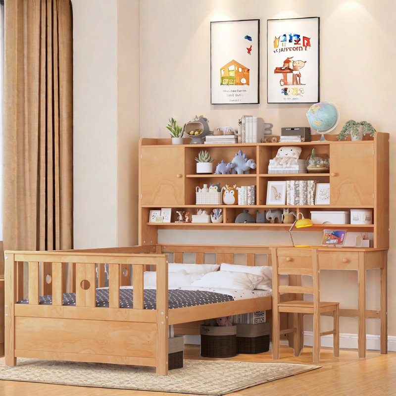 Multifunctional Wood Platform Bed With Bookshelf, Built-in Desk And Matching Chair, Natural