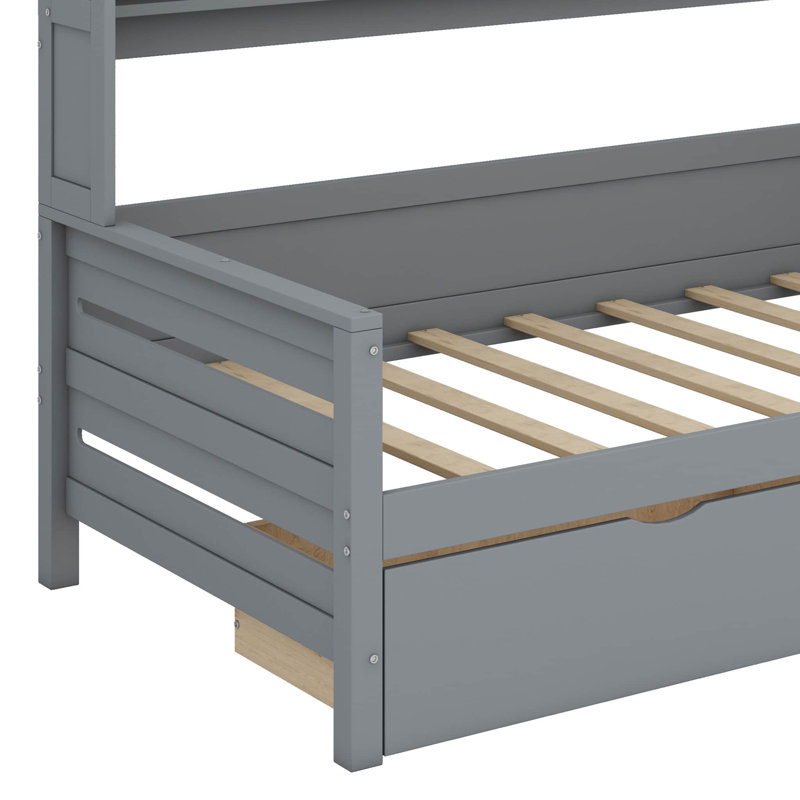 A Twin-Sized Wooden Daybed Featuring Two Built-In Drawers And A Convenient Shelf, Grey