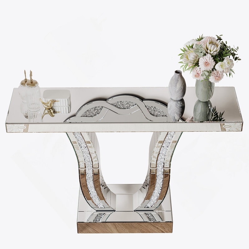 43 Inch Mirrored Console Table, Modern Silver Entryway Sofa Table With Curved Stone-Inlaid Legs, Glamorous And Versatile Accent For Living Room And Hallway