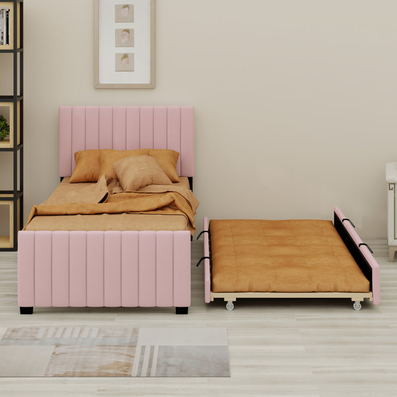 Structure de lit en velours avec lit gigogne et tête de lit escamotable, Rose