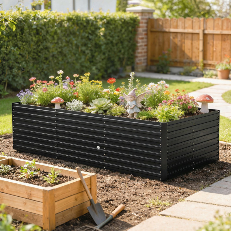 Lit de jardin surélevé galvanisé, boîte à fleurs 8 pi x 4 pi x 2 pi, noir, 23,6 po H x 94,5 po L x 47,2 po P, Noir
