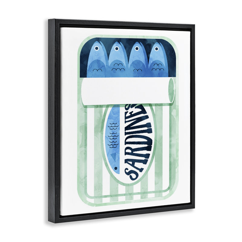 Sardines dans un cadre flottant canette rayée, design par Lil 'Rue, Cadre flottant noir de jais, H 21 po x l 17 po
